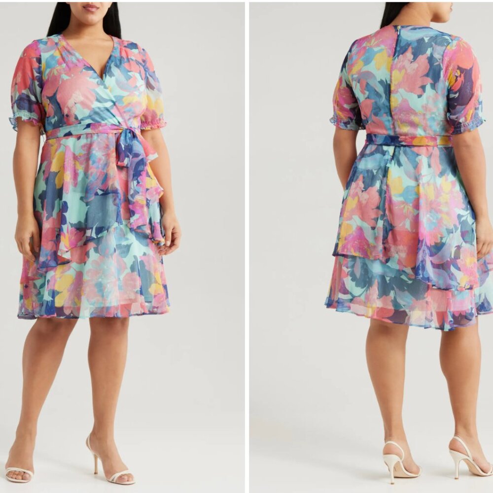 Tahari ASL Floral Shadow Stripe Short Sleeve Faux Wrap Dress